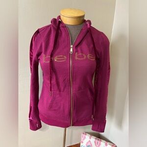 Vintage Y2K BEBE Full Zip Hooded Velvet Stripe Sweatshirt Size Medium Purple